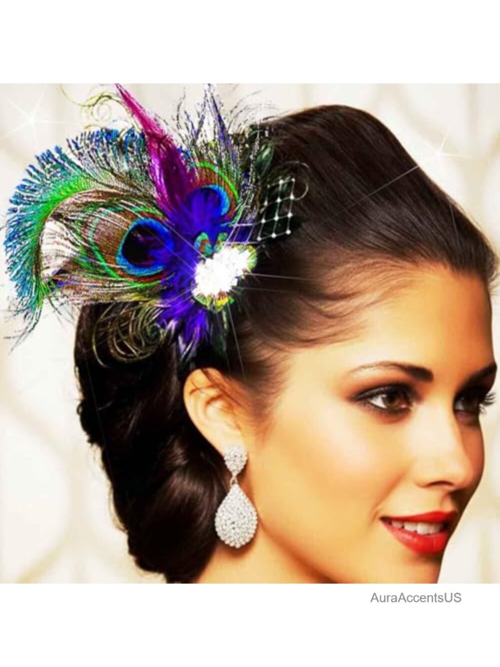 Handmade Peacock Feather Rhinestone Fascinator Hair Clip 1920s Flapper
